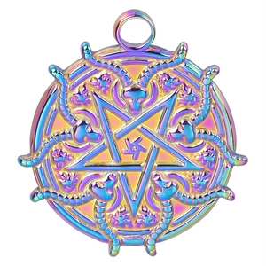 Macro shot of iridescent rainbow goat head pentagram pendant in high-quality stainless steel
