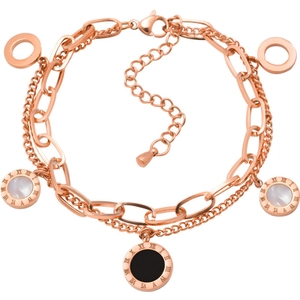 Detail of rose gold double-layer bracelet with Roman numeral charms and shell inlay