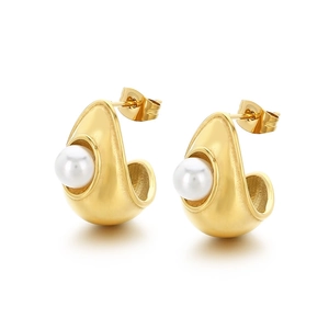 French palace style 18K gold plated arched earrings with white pearls on white background