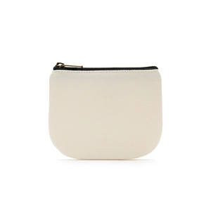 Minimalist off-white canvas coin purse with premium black zipper on white background