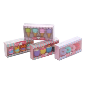 Set of 4 boxes with cute dessert-shaped erasers including ice cream and donuts