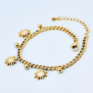 Golden bead chain bracelet with sunflower shell pendants and adjustable lobster clasp