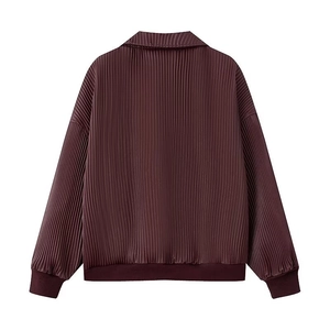 Women's burgundy pleated fashion jacket with lantern sleeves and back view display