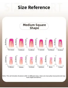 Size chart for French press-on nails featuring medium square shape and floral designs