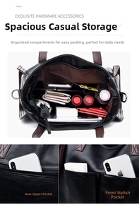 Detail view of the large capacity black leather tote showing multiple pockets and compartments