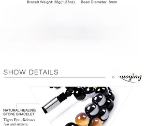 Macro detail of 8mm tiger eye and black onyx beads on a double-layer woven bracelet