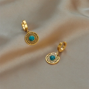 Vintage gold-plated titanium steel earrings with turquoise circle pendant on silk