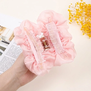 Pink chiffon cloud-shaped hair claw clip for elegant French style updos with bow-like pleats