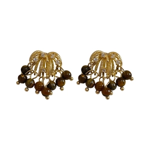 Elegant gold zircon earrings with brown tiger eye beads and fan-shaped tassel design