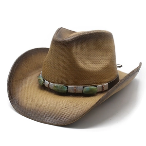 Chapeau de cowboy en paille vintage avec bords brunis et bandeau en cuir à turquoise