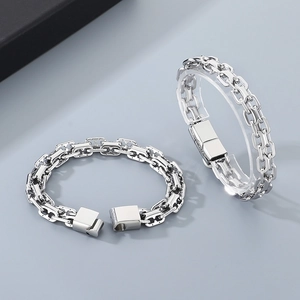 Bracelet chaîne double rangée en acier inoxydable argenté industriel avec fermoir magnétique