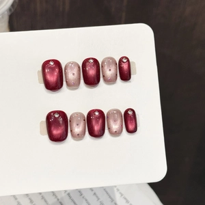Burgundy Cat Eye Press On Nails With Rhinestone Elegant Glitter Short Trapezoid Handmade False Nails For Women
