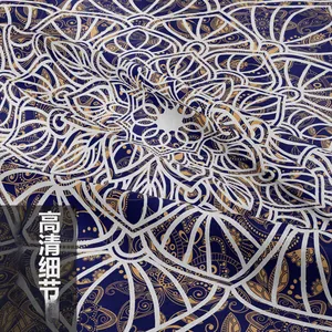 Close-up of bohemian mandala tapestry featuring intricate blue and gold woven fabric textures
