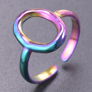 Macro shot of rainbow iridescent titanium steel ring featuring an oval cutout design