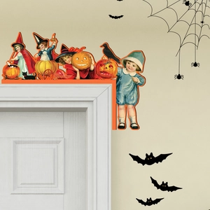 Retro Halloween door corner decor featuring kids silhouettes, black bats and spider web
