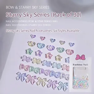 30pcs aurora starry sky nail charms set with resin bows, hearts and stars in mixed colors