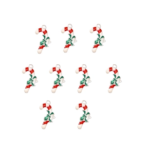 Detailed view of 10 enamel Christmas candy cane pendants with green bows for DIY jewelry