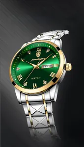 Macro detail of men's business watch with green sunburst dial and dual calendar