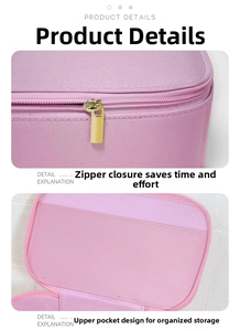 Detailansicht der rosa Make-up-Tasche mit goldenem Reißverschluss und Innentaschen