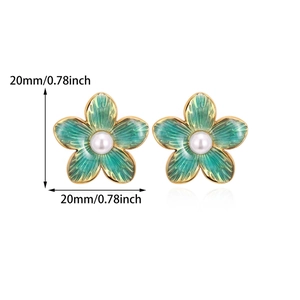Detail showing green enamel flower earrings with white pearl center, size 20mm 0.78inch