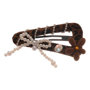Haarspange mit Leopardenmuster, Perlen, Samtschleife und funkelndem Strass-Besatz