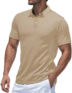 Close-up of khaki polo shirt showing breathable side mesh and premium fabric texture