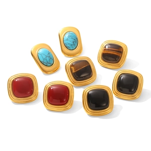 Retro stainless steel earrings with natural stones in square and oval shapes