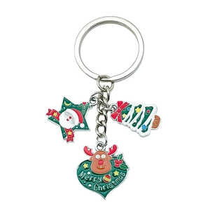 Christmas Santa keychain with green star and tree enamel pendants on silver metal ring