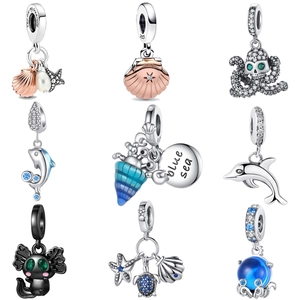 Ocean Series 925 Sterling Silver Charms Pendants Starfish Sea Turtle Dolphin Octopus Shell Blue Enamel Zirconia Jewelry