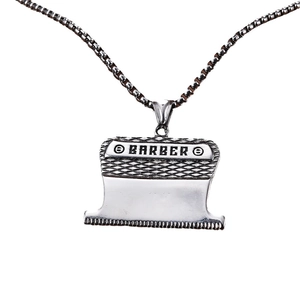 Polished silver barber blade pendant necklace with Barber engraving on square chain