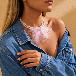 Baroque faux pearl double layer necklace with pink feather fringe and gold chain detail