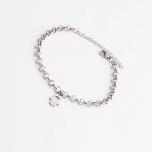Polished stainless steel Hamsa hand bracelet with heart cutout on silver chain