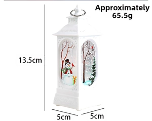 White Christmas lantern with snowman illustration showing 13.5cm height and dimensions