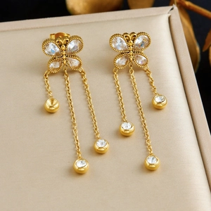 Boucles D'oreilles Gland Papillon Acier Inoxydable Plaqué Or Longue Chaîne Tombante Avec Zircone Cubique Élégant