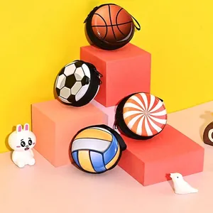Tinplate Mini Round Coin Purse Portable Earphone Storage Case Sporty Basketball Soccer Volleyball Patterns Zipper Wallet With Lanyard