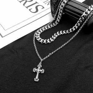 Double Layer Cross Pendant Necklace Stainless Steel Cuban Link Streetwear Hip Hop Vintage Jewelry For Men Women