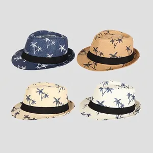 Summer Straw Fedora Hat Breathable Sun Protection Beach Vacation Palm Tree Print Trilby For Men Women Ribbon Decor