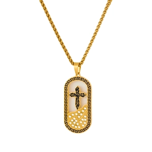 Detail of 18K gold plated rectangular pendant with black cross and Greek key pattern