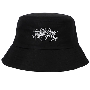 Gothic street punk black washed cotton bucket hat with white heavy metal embroidery
