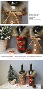 Close-up of handmade Christmas wine bottle covers with tweed fabric and faux fur trim