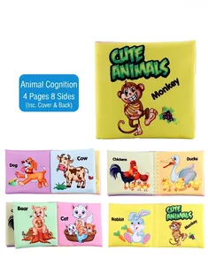 Detailed set of six soft baby cloth books featuring colorful animal patterns and names
