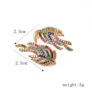 Detail showing 2.5cm colorful zircon wing rings in 18K gold plated copper with 5g weight