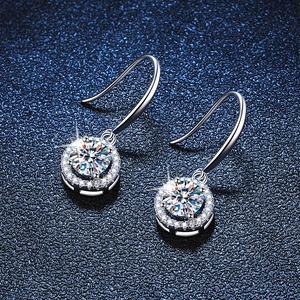 Classic S925 sterling silver drop earrings with round halo moissanite in a silver finish