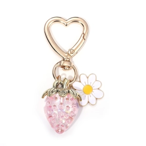 Cute Strawberry Daisy Keychain Heart Shaped Clasp Enamel Fruit Flower Rhinestone Pendant For Women Bag Charm Key Ring Gift