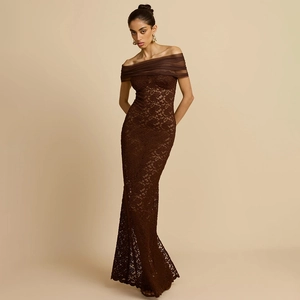 Elegant off-shoulder lace mermaid evening dress in dark brown with sheer tulle details