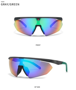Dual view of gray sport sunglasses with iridescent lenses and green non-slip tips