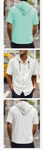Detail of linen short sleeve hoodie showing breathable fabric texture and drawstring hood