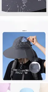 Detail showing the hidden side pocket of a gray outdoor sun hat for storage