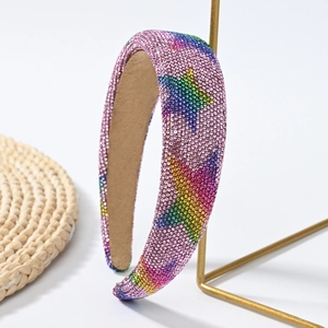 Pink wide headband with luxury colorful rhinestone rainbow star patterns for women