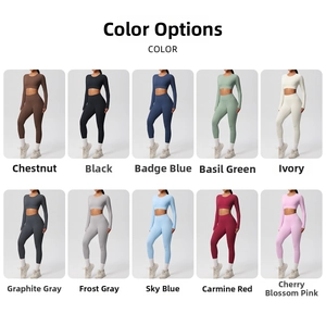 Multiple color options for seamless high-waist yoga leggings and long sleeve crop tops